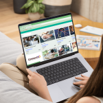 Woman sat on a sofa, with a laptop on her knees, selecting an online training course.